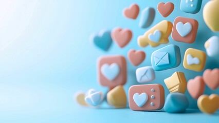 Poster - A collection of colorful social media icons and floating hearts, symbolizing online communication and digital love, set against a light blue backdrop.