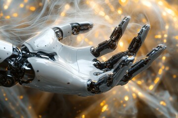 Poster - Futuristic robotic hand reaching out against a backdrop of glowing particles and smoke