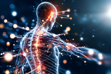 Poster - Digital human figure with glowing neural pathways and energetic connections extending from the body. Futuristic style in a dark backdrop with bright highlights