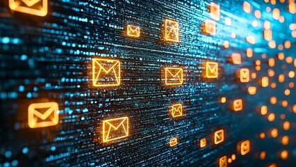 Poster - A futuristic representation of communication, with digital mail icons. A composition conveying the essence of modern messaging