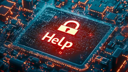 Poster - A stylized image of a microchip with a lock symbol, the word 'Help' on it