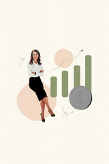 Aufkleber - Creative template collage of businesslady sit with crossed hands near charts coins dollars