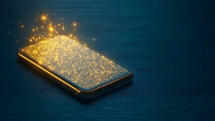 Poster - A modern smartphone glows with light particles floating above a dark surface, emphasizing connectivity and digital technology. The image uses dynamic lighting and vivid colors