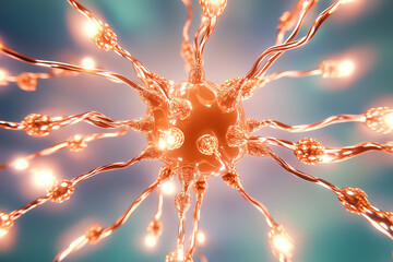 Poster - 3D rendering of neuron with glowing synapses and connections. Abstract biological representation focused on intricate details of neurons. Concept of neuroscience, biology, research