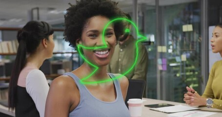 Poster - In office, woman smiling with green chat icon animation over face