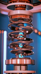 Poster - Futuristic metallic rings and gears arranged in a precise manner with glowing components visible. High-tech environment featuring blue and orange lighting