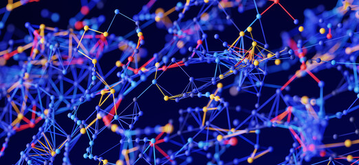 Poster - interconnected network nodes form a digital grid, illustrating data connections, tech structure, sys