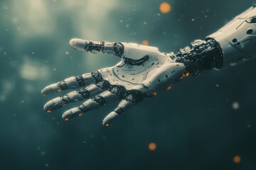 Poster - Robotic hand extends in a futuristic environment with glowing elements and digital background
