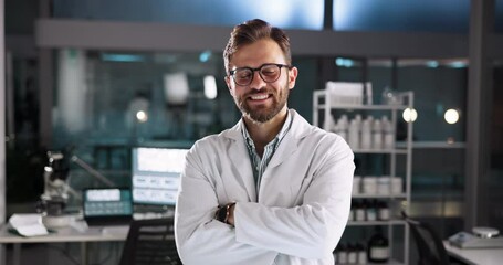 Poster - Crossed arms, man and face of scientists in laboratory at night for medical research, project or study. Happy, glasses and portrait of biologist with pride for pharmaceutical innovation with deadline