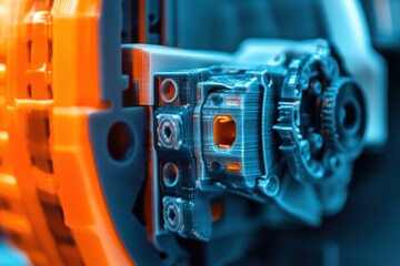 Poster - Close-up view of intricate mechanical parts in a high-tech assembly at a workshop