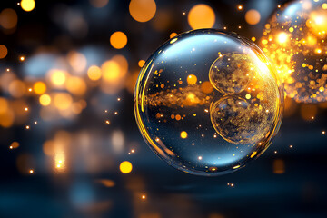 Poster - Bubbles float in shimmering light with golden sparkles, creating a captivating and magical atmosphere. Dark background enhances sparkle effects. Concept of creativity, celebration, design