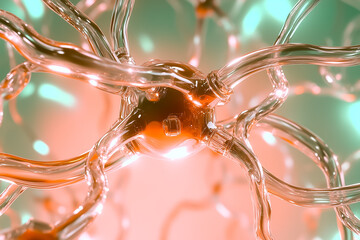 Poster - Close-up view of neuron structure with complex connections illustrated in bright colors. Intricate design emphasizes neural communication and brain activity