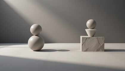 Poster - Dynamic abstract composition of geometric shapes in a minimalist studio space with natural light and soft shadows