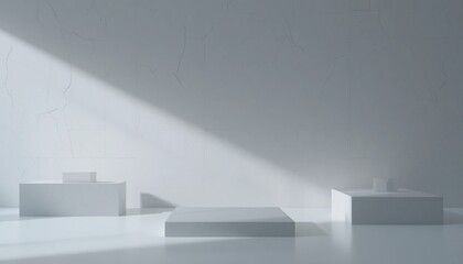 Poster - Minimalist geometric display of white shapes studio environment photography modern art high-key lighting abstract composition