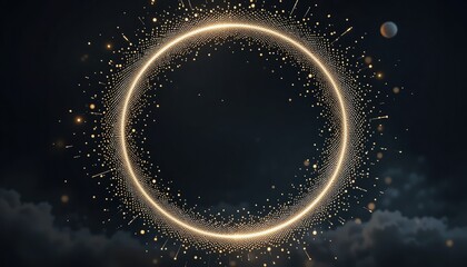 Poster - Dynamic golden circular light display studio setting digital art dark environment close-up viewpoint visual representation of energy