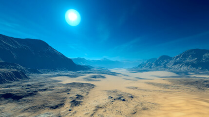 a desolate landscape with mountains under a bright sun and a clear blue sky in a vast expanse