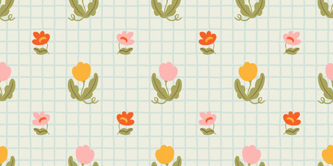 Aufkleber - Colorful floral seamless pattern illustration. Vintage style flower plaid background design. Geometric natural wallpaper print, spring season nature backdrop texture with flowers.