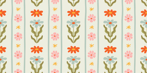 Leinwandbilder - Colorful floral seamless pattern illustration. Vintage style flower background design. Geometric natural wallpaper print, spring season nature backdrop texture with flowers.