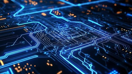 Poster - Electric Blue Circuitry: Intricate electronic circuits glow a vibrant blue, creating a captivating visual of technology's complex beauty.
