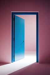 Poster - Tranquil Open Doorway Revealing Bright Light Against Soft Pink Wall in Modern Minimalist Style