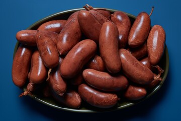 Poster - Minimalistic composition of sausages on a clean dark blue background with subtle detailing