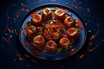 Poster - Minimalist composition of sausages on a deep blue background for a clean aesthetic appeal