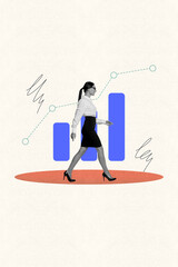 Aufkleber - Creative pop banner collage of young worker girl walking over pastel background with charts