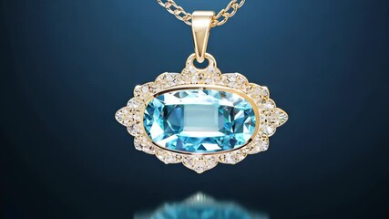 Poster - A blue gemstone pendant with a gold chain. The pendant is shaped like a flower