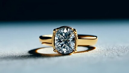 Poster - A gold ring with a diamond in the center. The ring is on a table. The diamond is clear and shiny