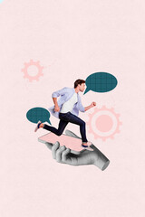 Poster - Banner creative collage of young guy avatar running on phone screen with textbox comment