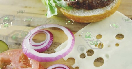 Poster - Digital icons overlay on sliced vegetables and cheese on wooden board