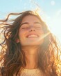© AI Stock Forge - Laughing woman with eyes closed and sunlit hair during golden hour outdoors