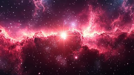 Wall Mural - Vibrant pink nebula in deep space with a glowing starburst, surrounded by stars and cosmic dust, evoking wonder and mystery.

