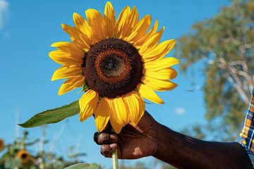 Poster - Capturing Optimism: A Close-up Shot of a Hand Holding a Sunflower Against a Bright Blue Sky, Signifying Growth and Positivity Amidst Challenges.