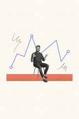 Poster - Creative poster collage of business man sit chair hold cell smart phone point charts