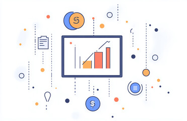 Poster - Illustration of financial growth chart with coins and document icons on a white background