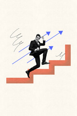Poster - Creative poster collage of young business man win stand on stpe arrows up on pastel background