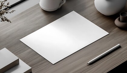 Wall Mural - Blank paper sheet on wooden table. Mockup for branding identity.