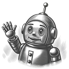 Poster - a friendly vintage robot waving hello, with a classic design and smiling face. The robot is in detailed and stylized vintage style and features a round head with antenna and metal texture. 