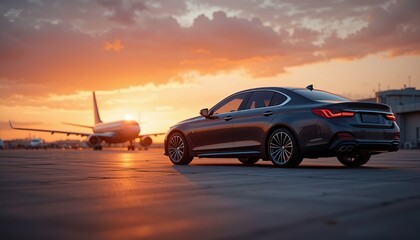 Poster - Private Jet Business Class Experience, Luxury Car and Private Jet on the Runway at dark evening sunset. Airport Business class shuttle service. 