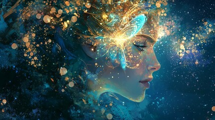 a galactic folklore illustration with glowing cosmic myths