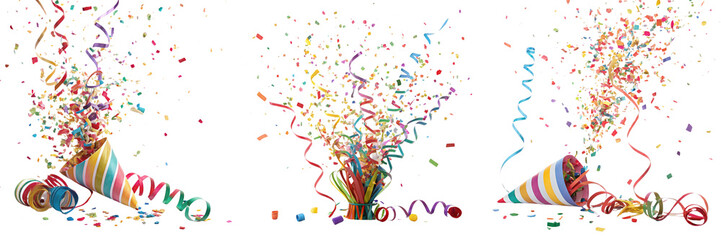 Set of a confetti exploding in a party hat isolated on a transparent background