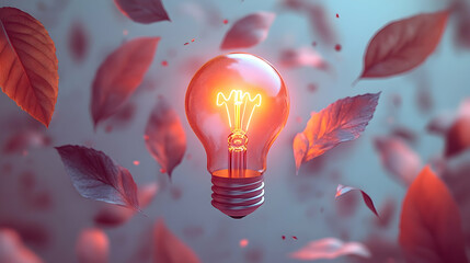 Wall Mural - a light pastel background showing a glowing light bulb symbolizing positive thoughts, floating leave