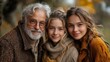 © Євген Луганський - A heartwarming family portrait showcasing a loving grandfather with his two granddaughters in a serene autumn setting with warm colors.