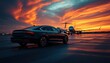 © IQ-Photography - Business Class Experience, Evening view Luxury limousine Car and Private Jet on the Runway at evening sunset. Business class shuttle service. Airport Concept