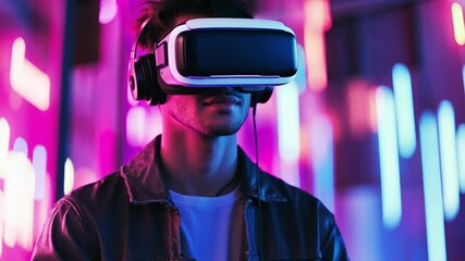 Poster - Immersed in Virtual Reality: A young man explores a virtual world wearing VR glasses and headphones, captured against a vibrant neon backdrop, symbolizing cutting-edge technology.