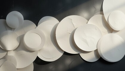 Poster - Artistic arrangement of circular paper crafts indoor studio abstract photography minimalist design top-down view creative concept for visual impact