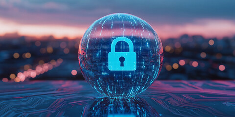 Poster - cybersecurity concept image featuring a glowing sphere with a padlock icon, set against a blurred ci