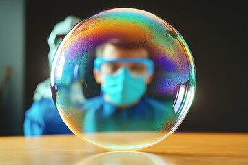 Poster - scientist observing colorful soap bubble in laboratory setting during daylight hours
