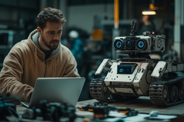 Aufkleber - Technician works with a robotic combat tank in a workshop